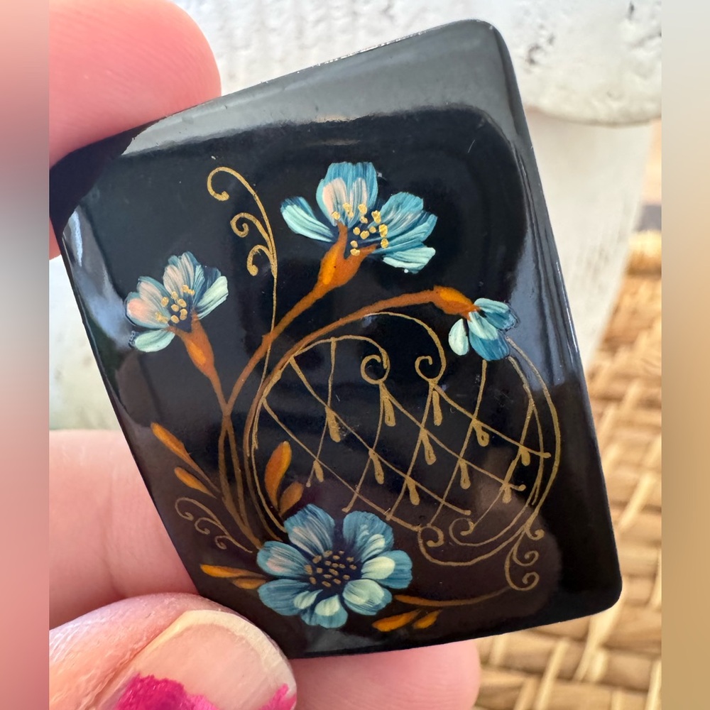 Russian Laquer Floral Hand-Painted Brooch Stamped